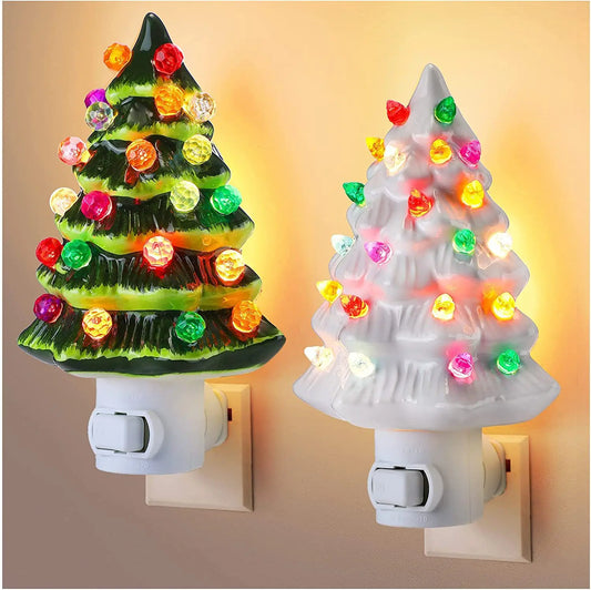 Vintage Green Ceramic Christmas Tree Night Light – Hand-Painted Plug-In Lamp