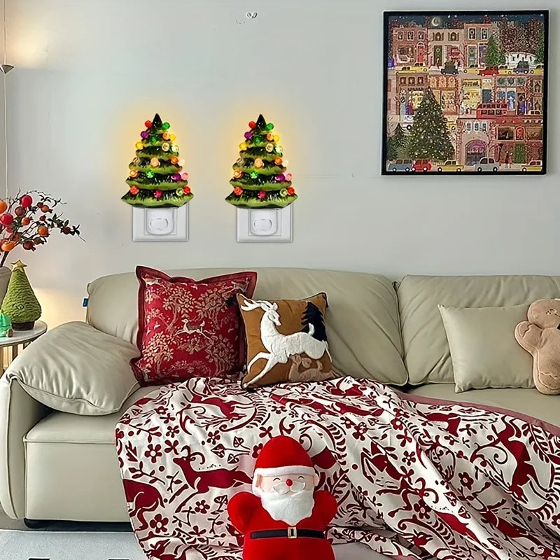 Vintage Green Ceramic Christmas Tree Night Light – Hand-Painted Plug-In Lamp