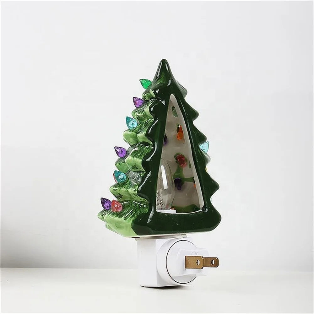 Vintage Green Ceramic Christmas Tree Night Light – Hand-Painted Plug-In Lamp