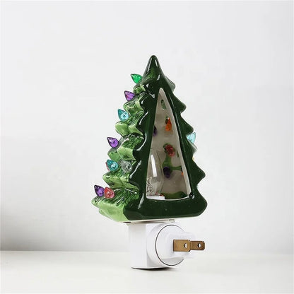 Vintage Green Ceramic Christmas Tree Night Light – Hand-Painted Plug-In Lamp