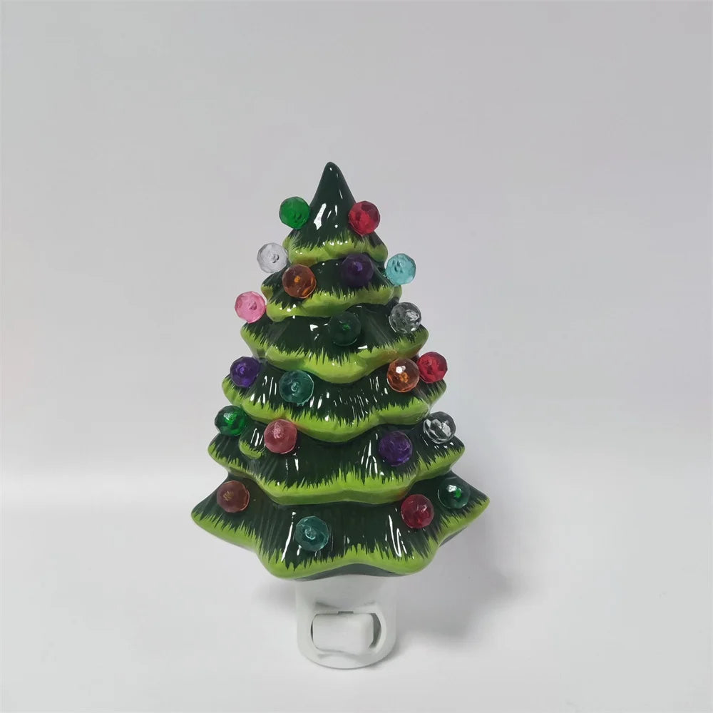 Vintage Green Ceramic Christmas Tree Night Light – Hand-Painted Plug-In Lamp