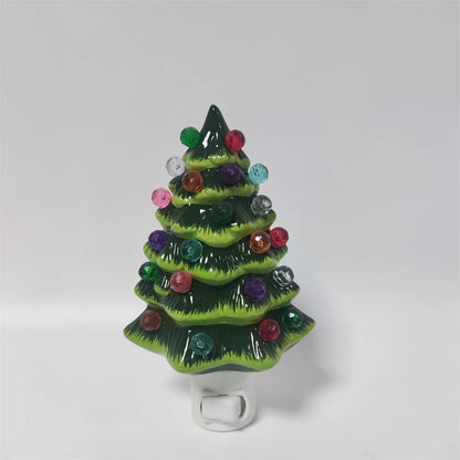 Vintage Green Ceramic Christmas Tree Night Light – Hand-Painted Plug-In Lamp