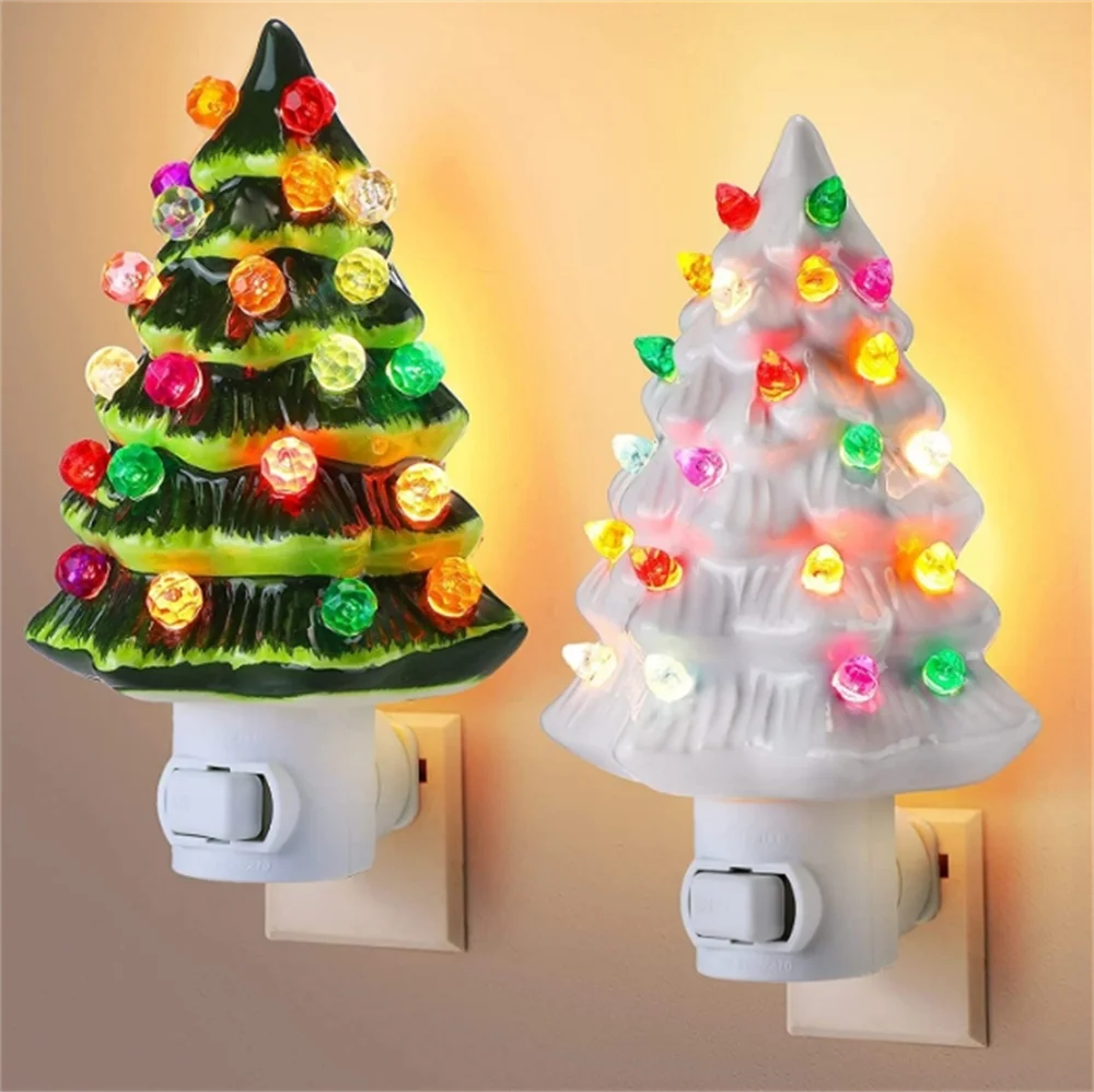Vintage Green Ceramic Christmas Tree Night Light – Hand-Painted Plug-In Lamp