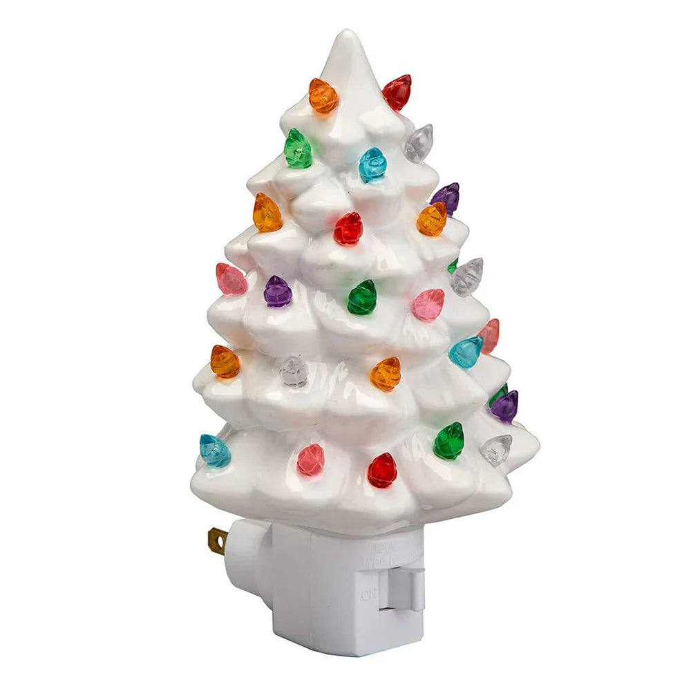 Vintage Green Ceramic Christmas Tree Night Light – Hand-Painted Plug-In Lamp