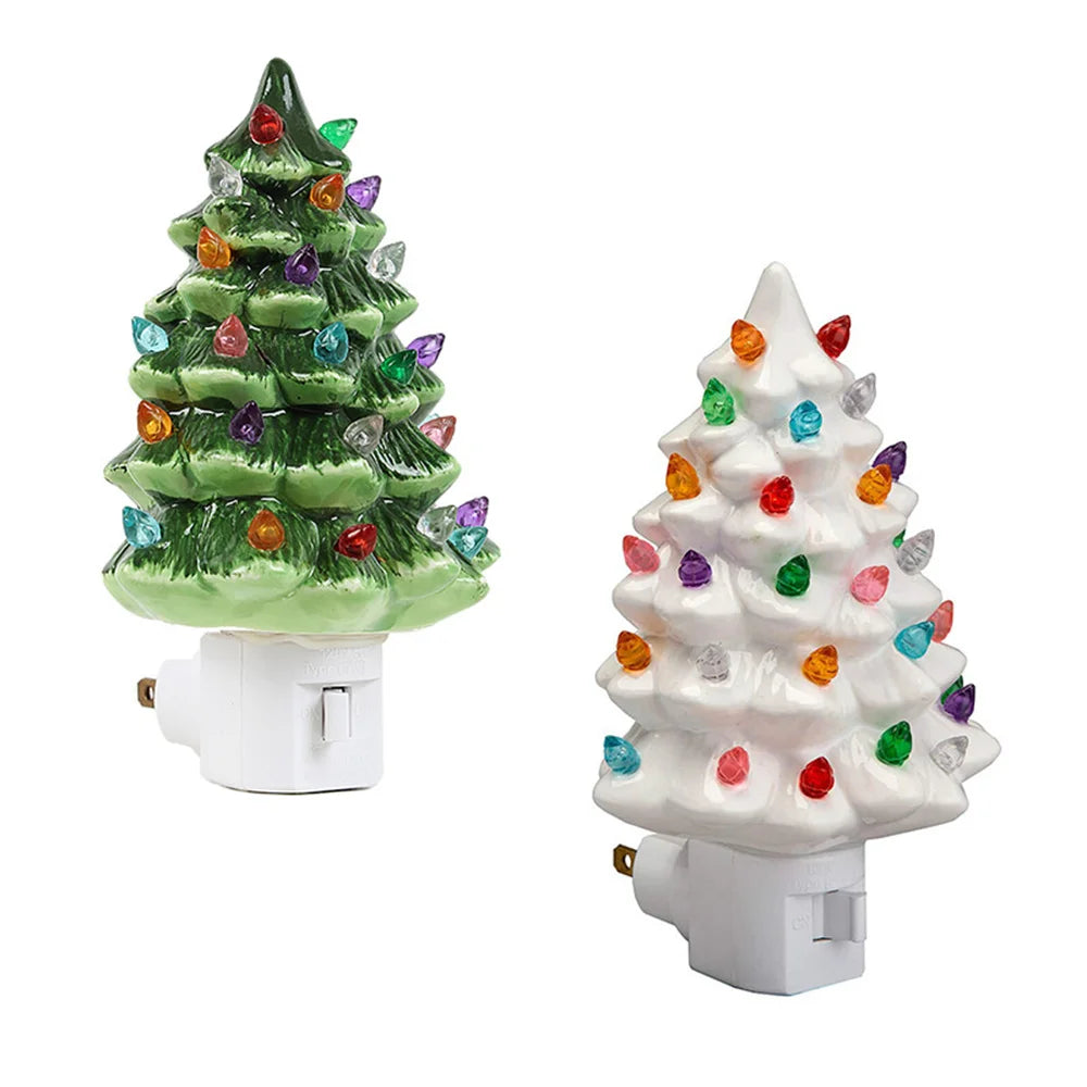Vintage Green Ceramic Christmas Tree Night Light – Hand-Painted Plug-In Lamp